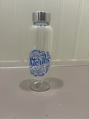 Clear Glass Water Bottle with Blue Script Graphic and Silver Cap